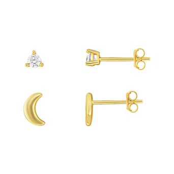 PRIMROSE 24k Gold over Sterling Silver Round Cubic Zirconia Stud Earrings & Polished Crescent Moon Stud Earrings Duo Set