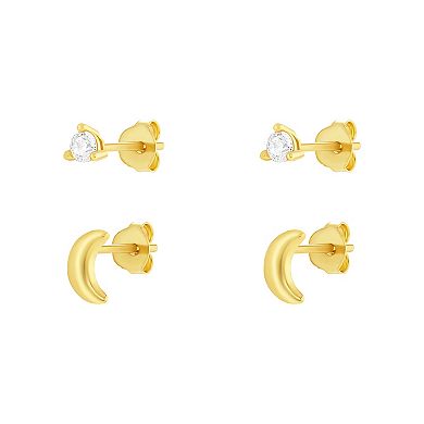 PRIMROSE 24k Gold over Sterling Silver Round Cubic Zirconia Stud Earrings & Polished Crescent Moon Stud Earrings Duo Set