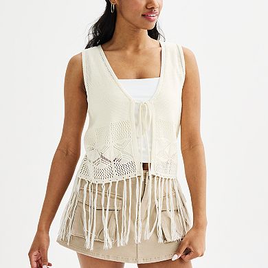 Juniors' Almost Famous Tie Front Fringed Vest
