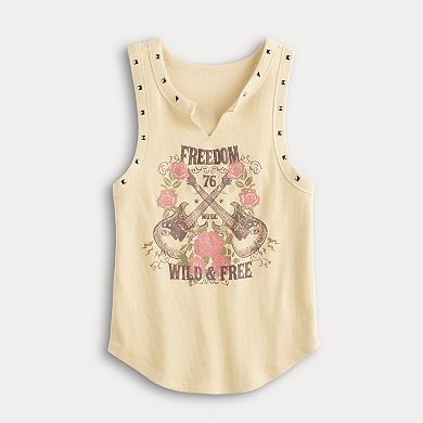 Juniors' Almost Famous Studded Curved Hem Notch Neck Tank Top