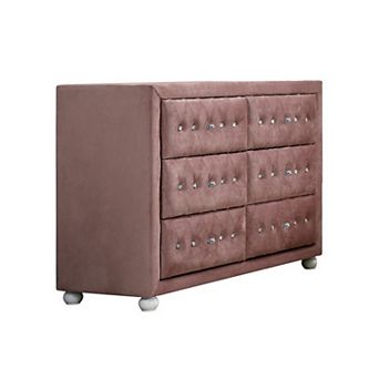 Rex 40 Inch Modern Upholstered Dresser, 6 Drawers, Crystal Handles, Pink