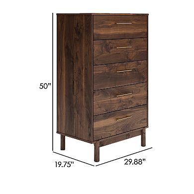 Kip 50 Inch 5 Drawer Modern Tall Dresser Chest, Dark Brown, Gold Handles