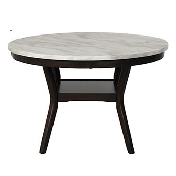 Kate 47 Inch Round Dining Table with Faux Marble Top, White and Brown