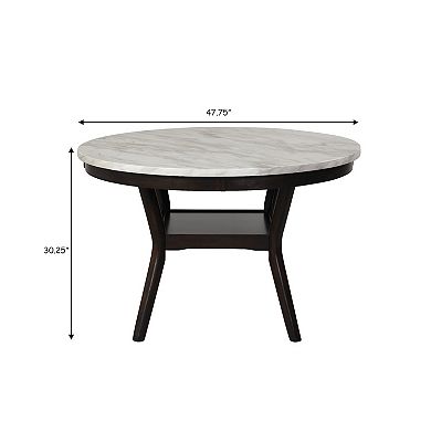 Kate 47 Inch Round Dining Table with Faux Marble Top, White and Brown