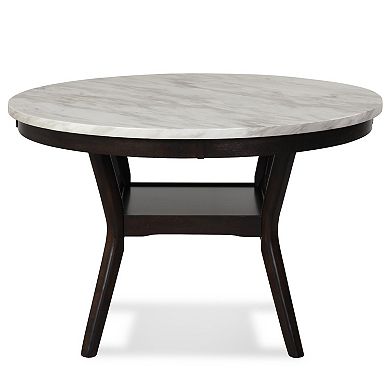 Kate 47 Inch Round Dining Table with Faux Marble Top, White and Brown