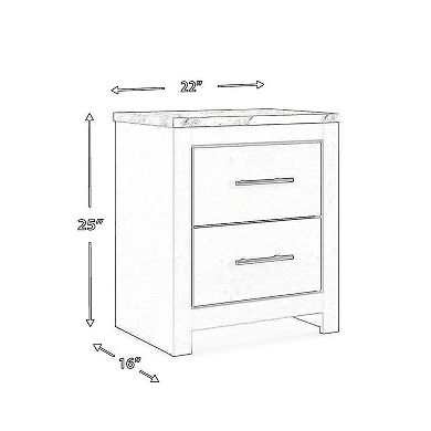 Finley 25 Inch Rustic Wood Nightstand, 2 Drawer, Marble Top, Gray, White