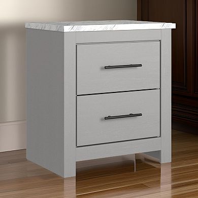 Finley 25 Inch Rustic Wood Nightstand, 2 Drawer, Marble Top, Gray, White