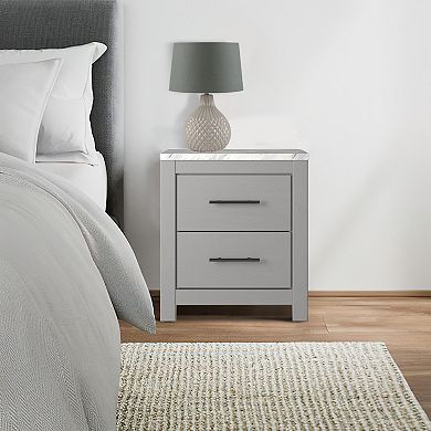 Finley 25 Inch Rustic Wood Nightstand, 2 Drawer, Marble Top, Gray, White