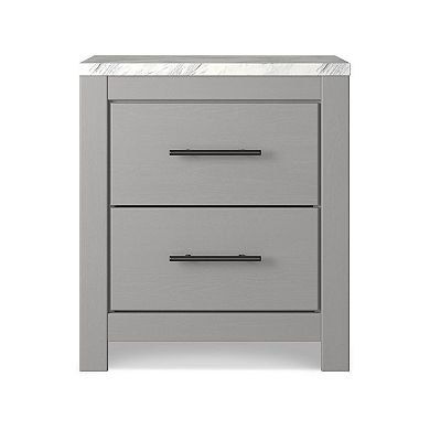 Finley 25 Inch Rustic Wood Nightstand, 2 Drawer, Marble Top, Gray, White