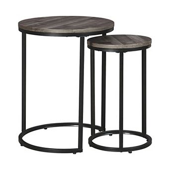 Round Wooden Top Metal Accent Table, Set Of 2, Gray And Black