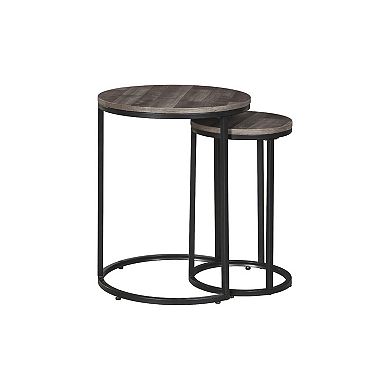 Round Wooden Top Metal Accent Table, Set Of 2, Gray And Black