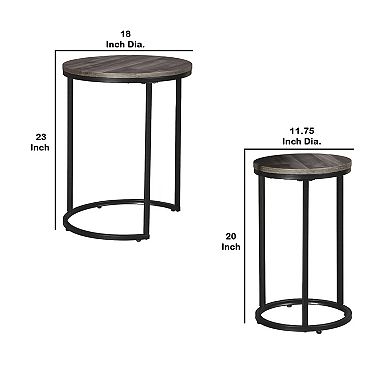 Round Wooden Top Metal Accent Table, Set Of 2, Gray And Black