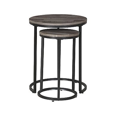 Round Wooden Top Metal Accent Table, Set Of 2, Gray And Black