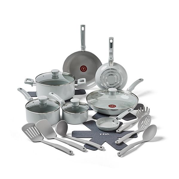 T-Fal Essentials 20-Piece Non-Stick Ceramic Pots & Pans Cookware Set - Gray