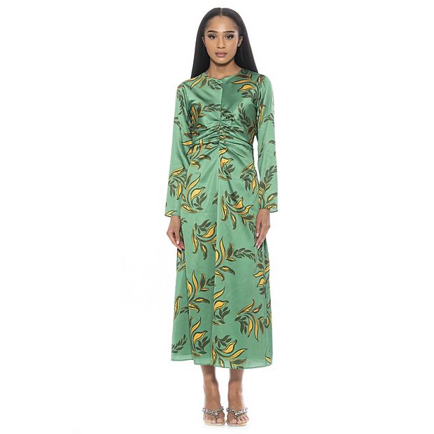 knee length dresses for ladies Green Sequined Floral Long Sleeve High Neck Midi Dress