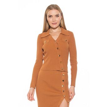 Women's ALEXIA ADMOR Sam Ribbed Knit Asymmetric Button Down Long Sleeve Top