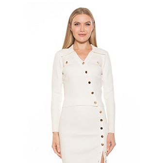 Women's ALEXIA ADMOR Sam Ribbed Knit Asymmetric Button Down Long Sleeve Top