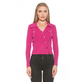 Women's ALEXIA ADMOR Sam Ribbed Knit Asymmetric Button Down Long Sleeve Top