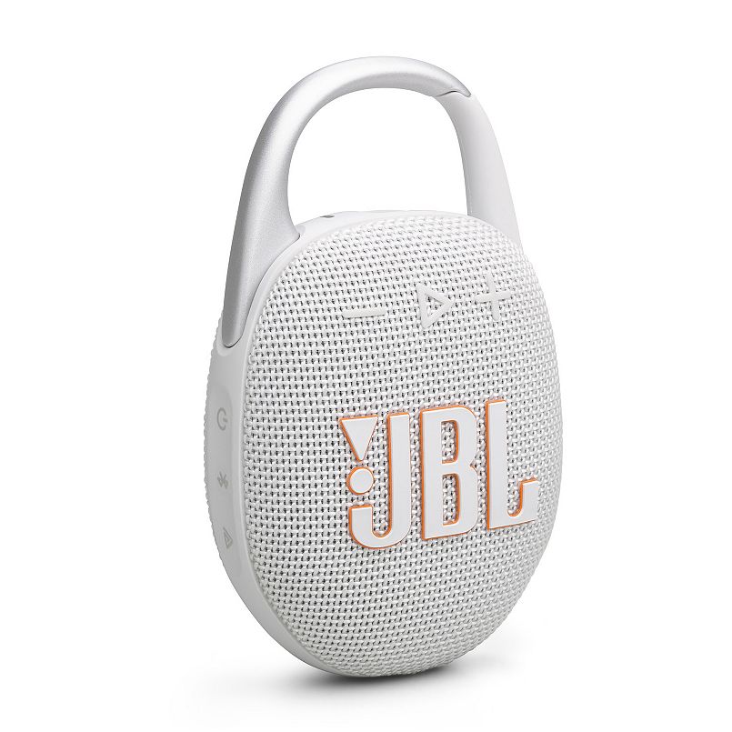 A white clip-on portable speaker