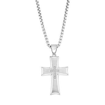 Metallo Stainless Steel Brushed and Polished Cubic Zirconia Cross Necklace