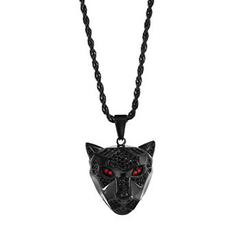 Metallo Stainless Steel Black Plated Panther with Ruby Cubic Zirconia Necklace