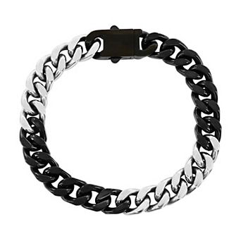 Metallo Stainless Steel Black and Silver 10mm Cuban Link Bracelet