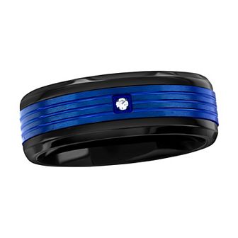 Metallo Men's Black and Blue Stainless Steel Cubic Zirconia Ring
