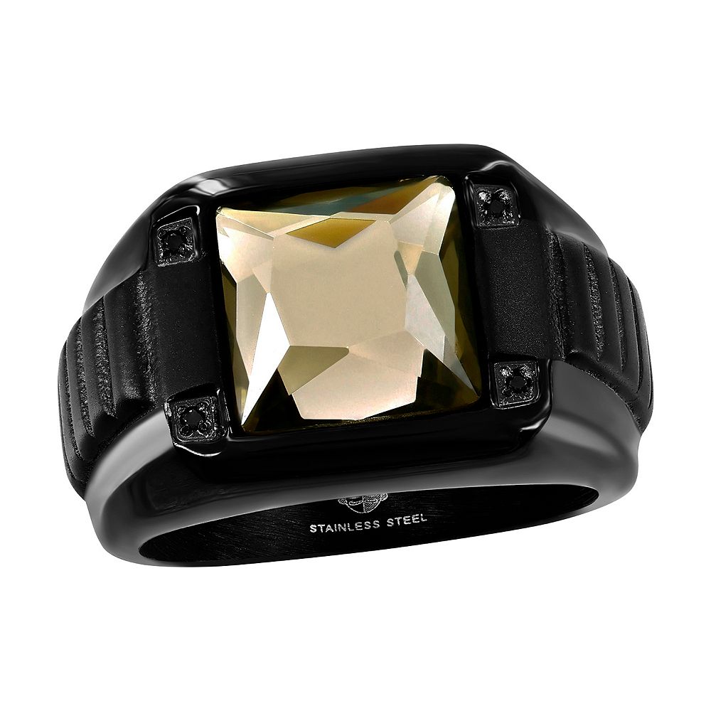 Men's Metallo Steel Gray Spinel Square Black Cubic Zirconia Ring