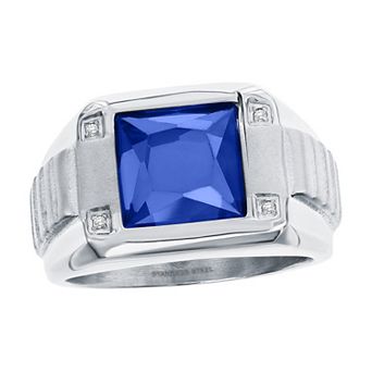 Men's Metallo Steel Genuine Blue Spinel Square Cubic Zirconia Ring