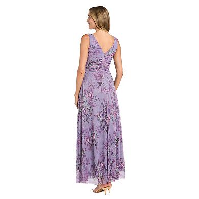Women's R&M Richards Crinkle Pleated Printed V-Neck Maxi Dress