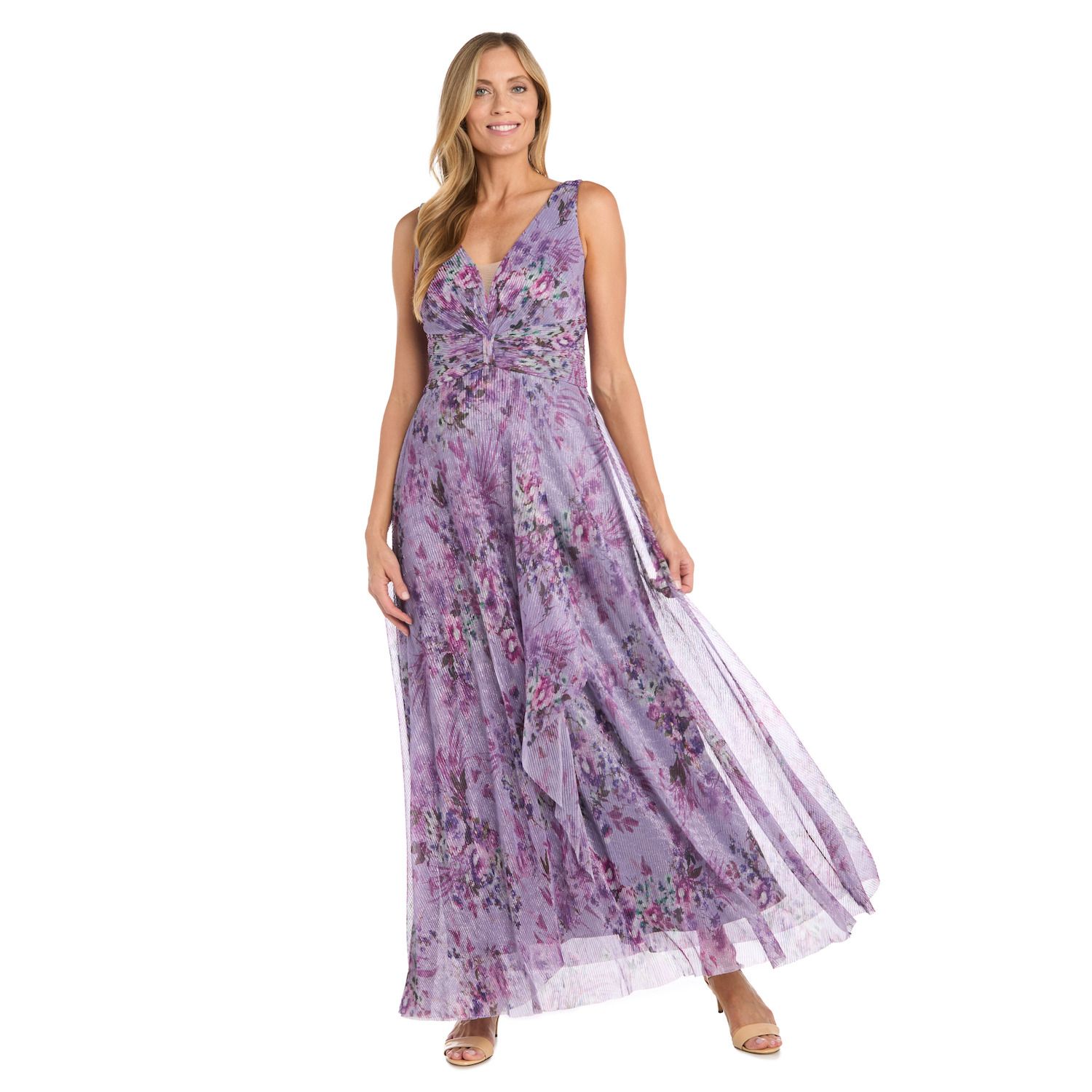 Женские платья R&M Richards Crinkle Pleated Printed V-Neck Maxi Dress