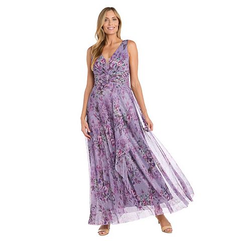 Женские платья R&M Women's R&M Richards Crinkle Pleated Printed V-Neck Maxi Dress