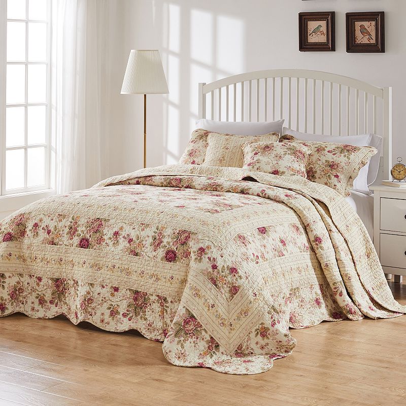 Greenland Home Fashions Antique Rose 100% Cotton Reversible Bedspread Set  Jumbo Size 3-Piece King  Ecru