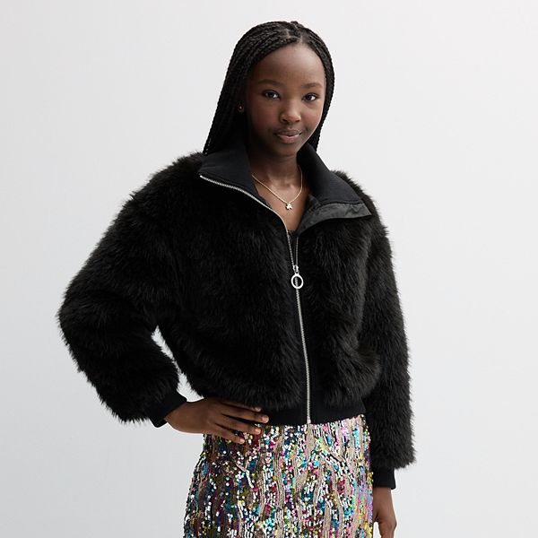 Girls Regular Black Denim Jacket With Faux Fur