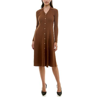 knee length dresses for ladies PINCH Addison Brown Cotton Cinched Button Midi Dress (M)