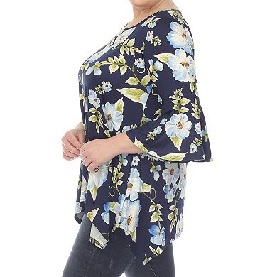 Plus Size Floral Print Bell Sleeve Tunic Top