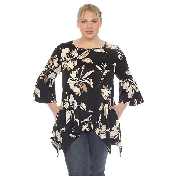 Plus Size Floral Print Bell Sleeve Tunic Top