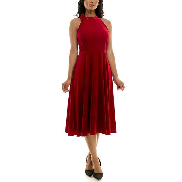 Women's Maison Tara Velvet Bow Halter Neck Fit & Flare Midi