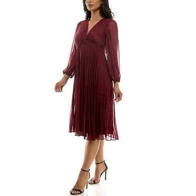 Women's Maison Tara V-Neck Knot Bodice Pleated Glitter Mesh Midi Dress