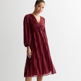 Women's Maison Tara V-Neck Knot Bodice Pleated Glitter Mesh Midi Dress