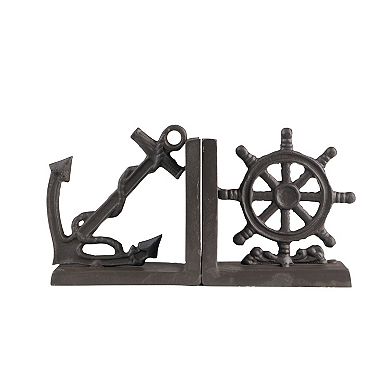 Nautical Anchor And Ship's Wheel Iron Bookend Set