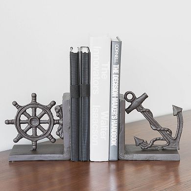 Nautical Anchor And Ship's Wheel Iron Bookend Set