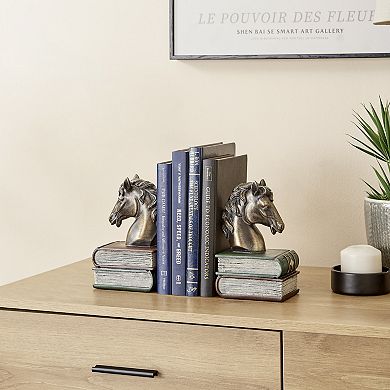 Danya B. Horses On Books Polyresin Antique Patina Finish Bookend Set Of 2