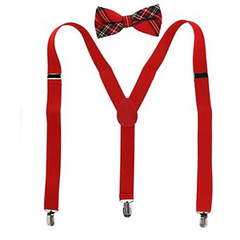 Men's Plaid Print Bow Tie With Solid Suspender Set