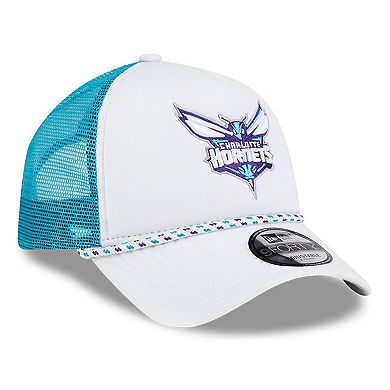 Men's New Era White/Teal Charlotte Hornets Court Sport Foam A-Frame 9FORTY Adjustable Trucker Hat