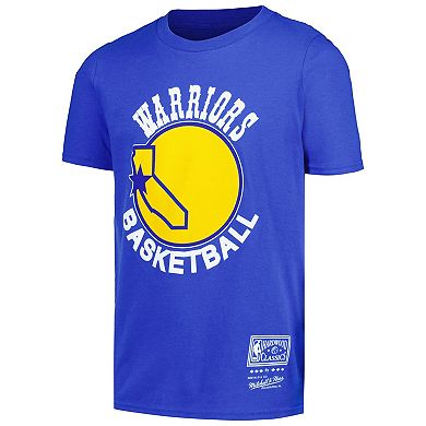 Youth Mitchell & Ness Royal Golden State Warriors Hardwood Classics Retro Logo T-Shirt