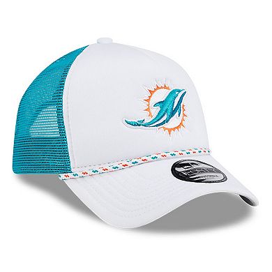 Men's New Era White/Aqua Miami Dolphins Court Sport Foam Front A-Frame 9FORTY Adjustable Trucker Hat