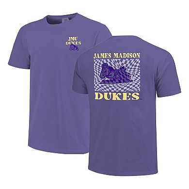 Women's Purple James Madison Dukes Comfort Colors Checkered Mascot T-Shirt