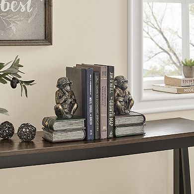 Danya B. Monkeys On Books Polyresin Antique Patina Finish Bookend Set Of 2