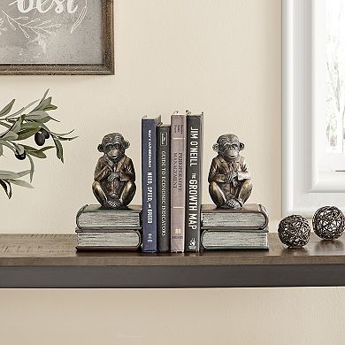 Danya B. Monkeys On Books Polyresin Antique Patina Finish Bookend Set Of 2